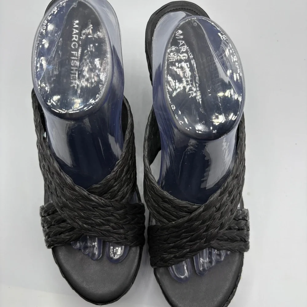 Marc Fisher Flynn Black Woven‎ Raffia Platform Wedge Sandals Womens Size 11M